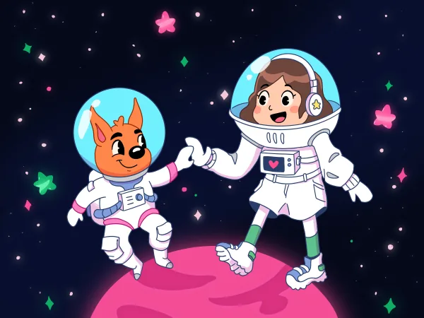 Deux Dessinautes en combinaison spatiale sur une planète rose